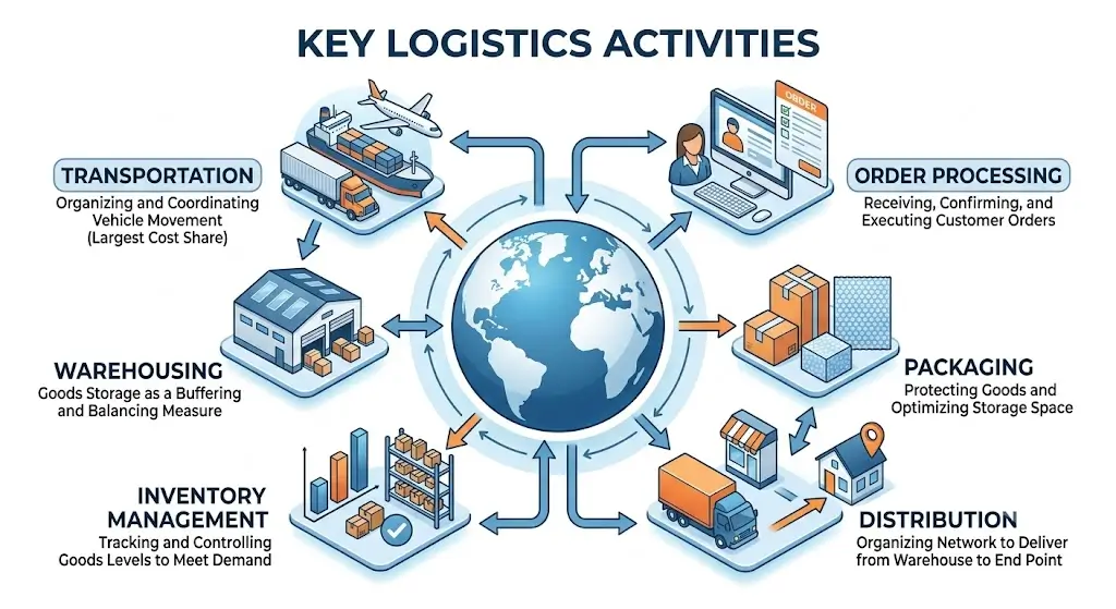 Sơ đồ các hoạt động logistics chính gồm vận tải, kho bãi, tồn kho, đóng gói, phân phối và xử lý đơn hàng
