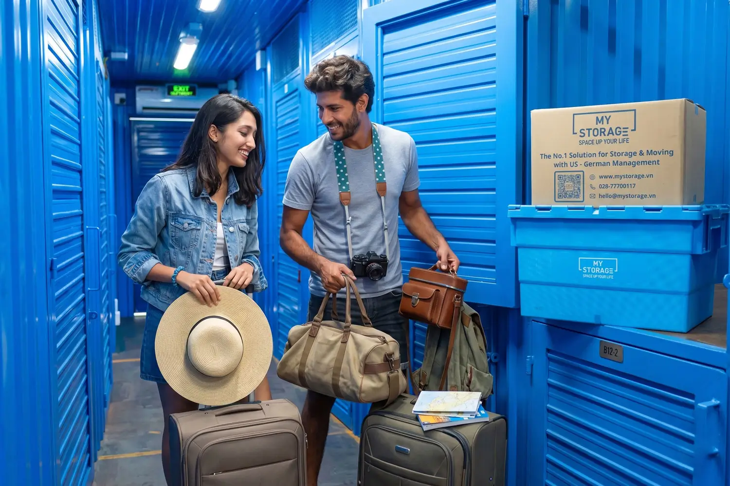 Khách hàng cùng vali và túi du lịch tại kho tự quản MyStorage ở TP.HCM