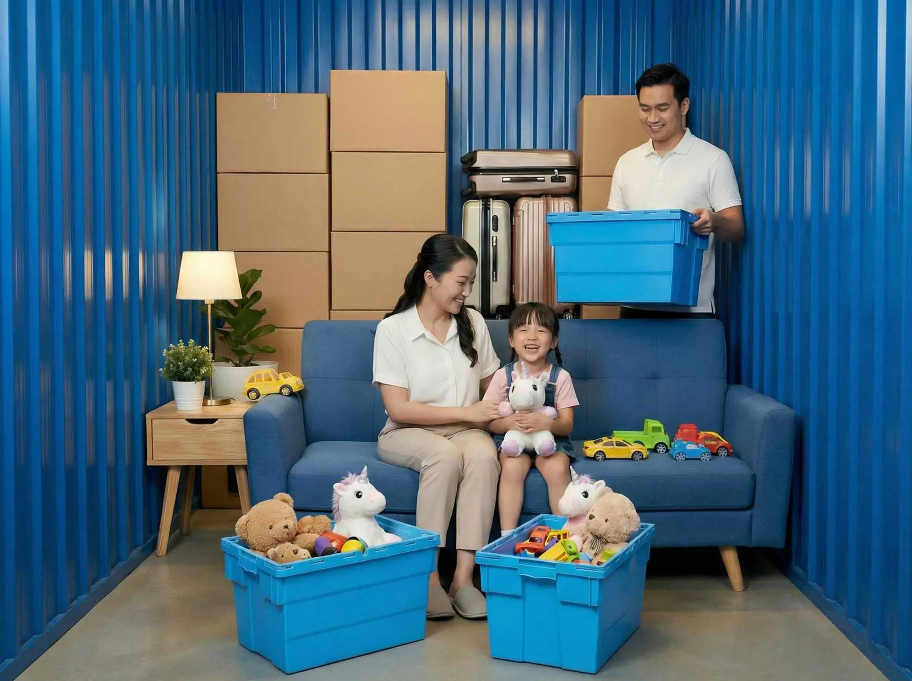 MyStorage 보관 공간 안의 소파, 원목 테이블, 여행가방과 상자