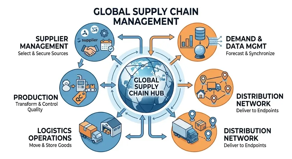 Sơ đồ quản lý chuỗi cung ứng toàn cầu với nhà cung cấp, sản xuất, logistics, phân phối và dữ liệu nhu cầu
