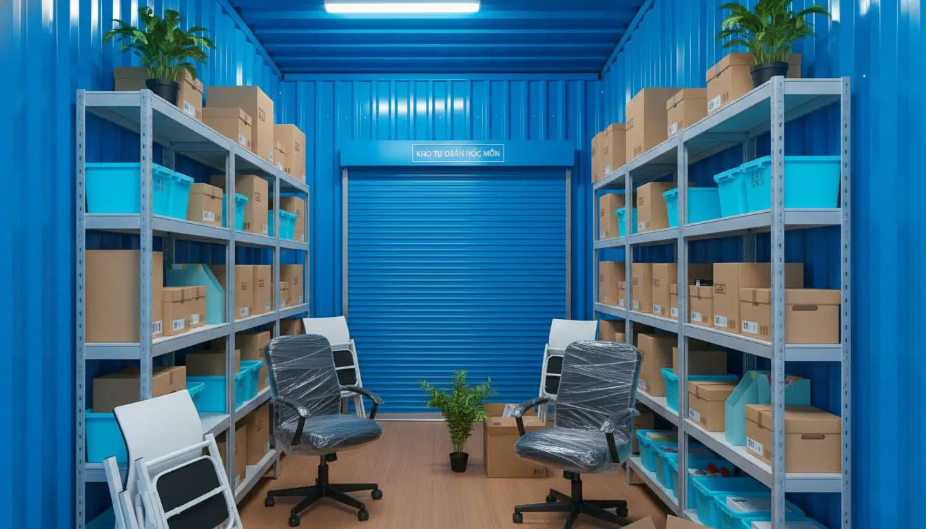 Không gian kho tự quản Hóc Môn với kệ hàng và thùng lưu trữ MyStorage