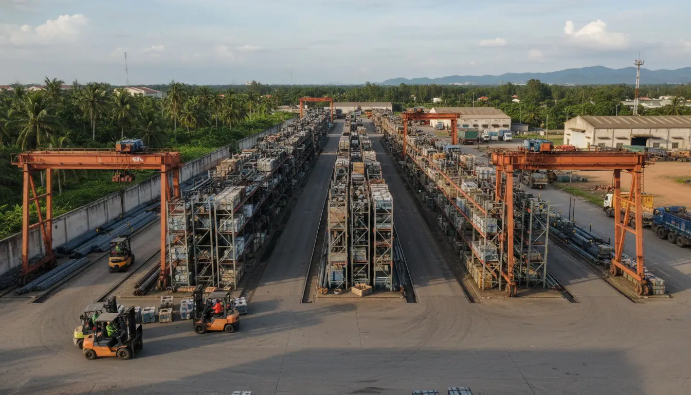 Bãi vật tư công nghiệp ngoài trời với cẩu trục và xe nâng, minh họa vận hành cơ sở logistics