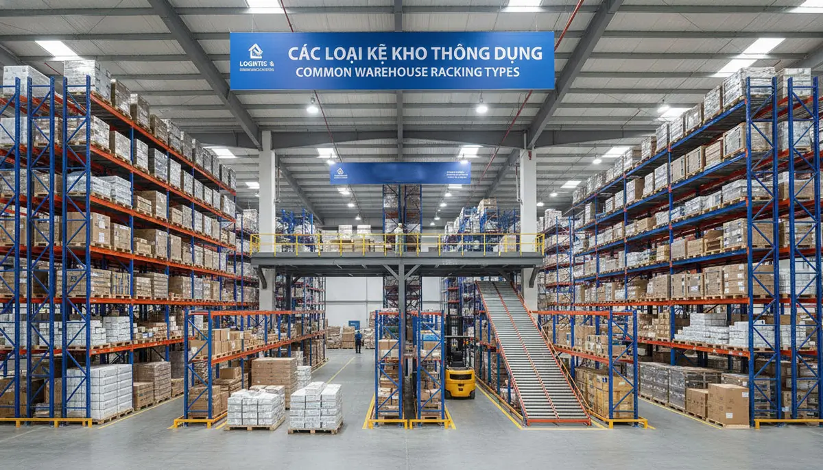 Hệ thống kệ pallet nhiều tầng chứa thùng hàng trong kho, minh họa cách tận dụng chiều cao và thể tích lưu trữ CBM