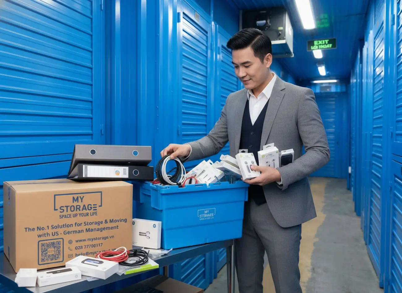 Thùng hồ sơ và tài liệu được xếp trong khoang kho lưu trữ