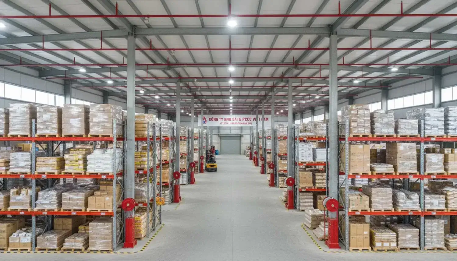 Kho pallet đạt chuẩn PCCC với hệ thống chữa cháy và lối đi kẻ vạch