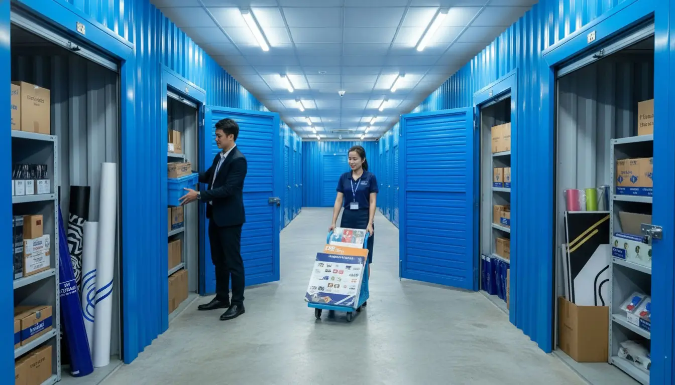 Minh họa sắp xếp thùng hàng, bìa hồ sơ và vật phẩm quảng cáo trên kệ trong kho tự quản