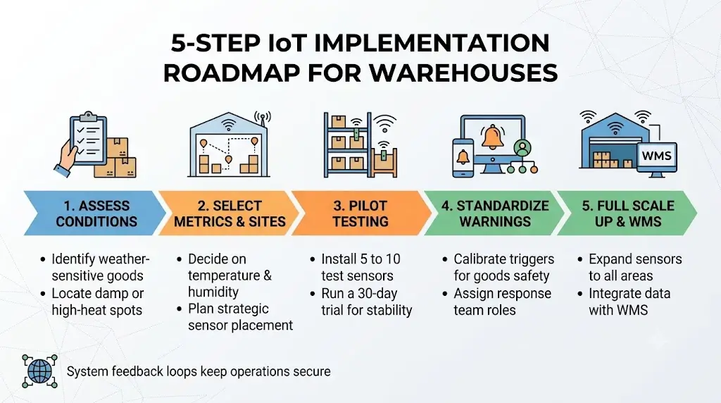Lộ trình 5 bước triển khai IoT cho kho hàng từ khảo sát đến mở rộng và tích hợp WMS