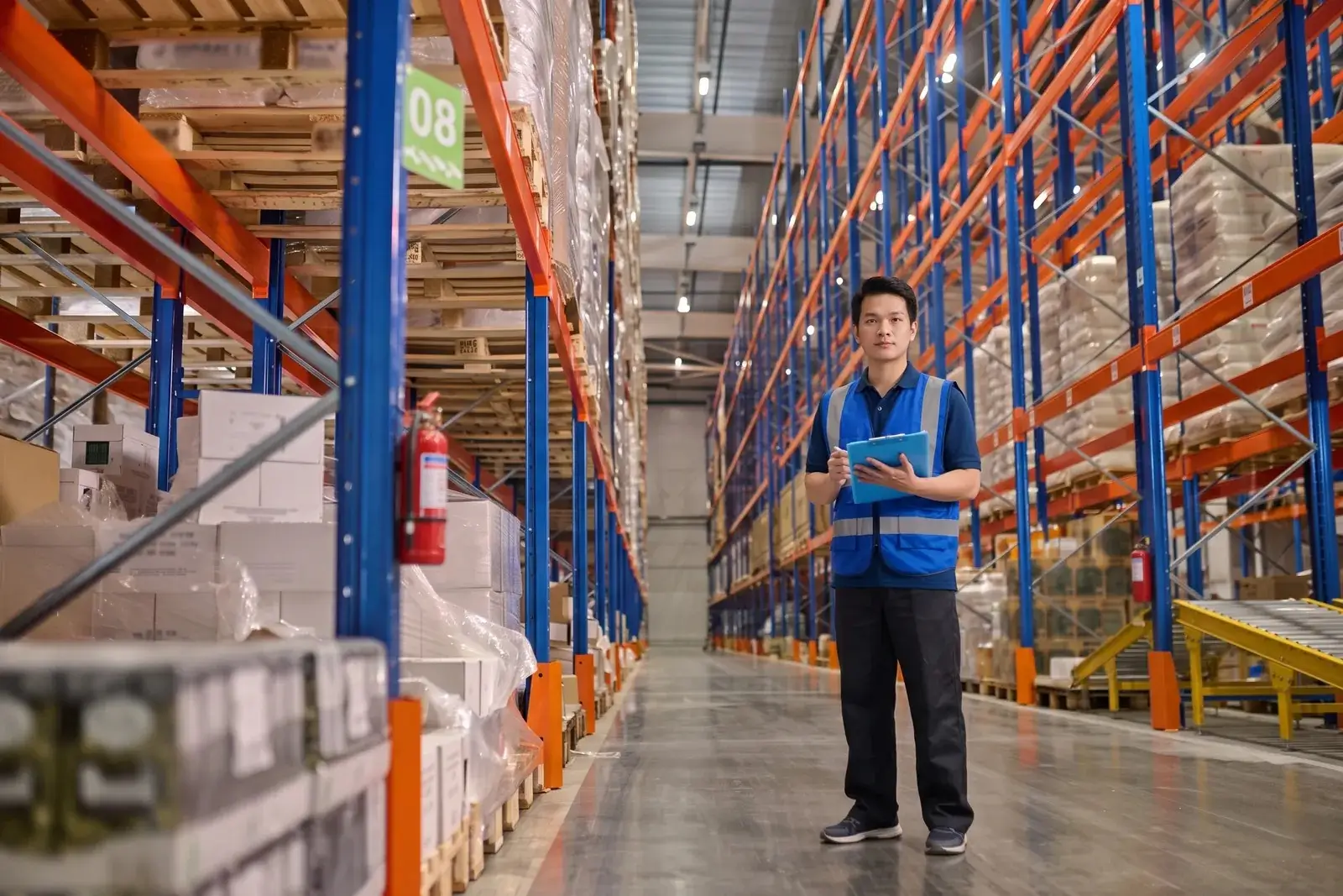 Lối đi giữa các kệ pallet cao tầng trong kho, minh họa việc khai thác chiều cao lưu trữ
