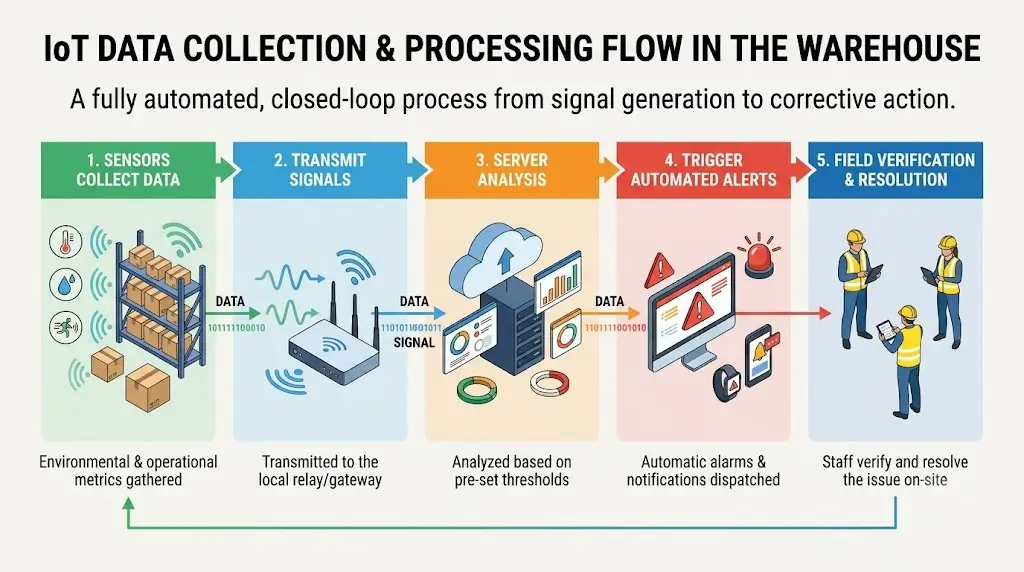 Sơ đồ thu thập và xử lý dữ liệu IoT trong kho từ cảm biến đến cảnh báo và xử lý tại hiện trường