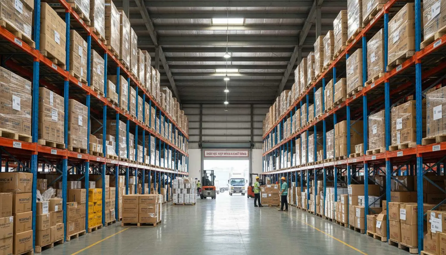 Kho hàng xây sẵn với các kiện hàng trên kệ pallet và lối đi vận hành, minh họa không gian lưu trữ theo CBM