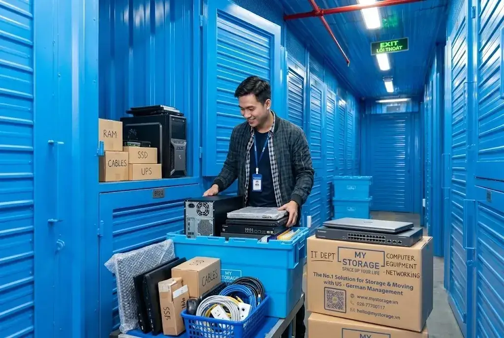 Nhân viên IT sắp xếp máy tính, laptop và switch mạng vào khoang kho tự quản MyStorage