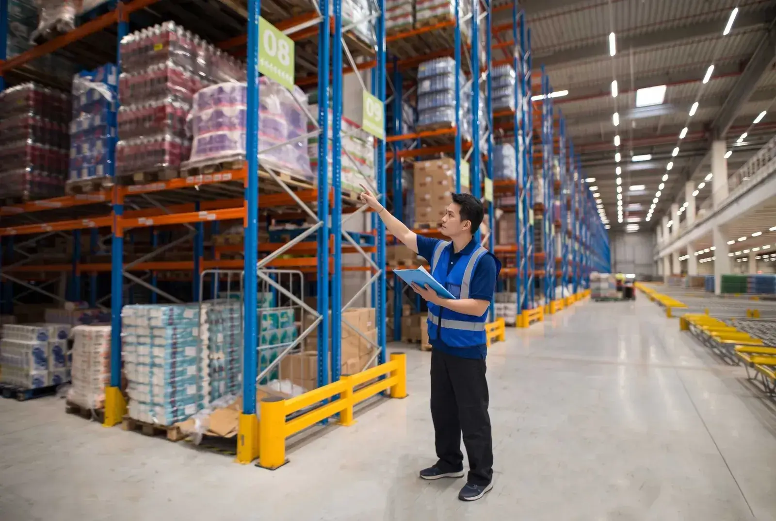 Warehouse staff checking a rack bay location against the WMS location map