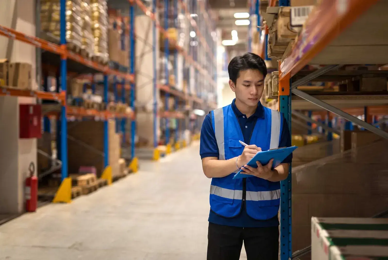 Nhân viên kho ghi chép kiểm đếm hàng hóa trên kệ để tính thể tích lưu trữ