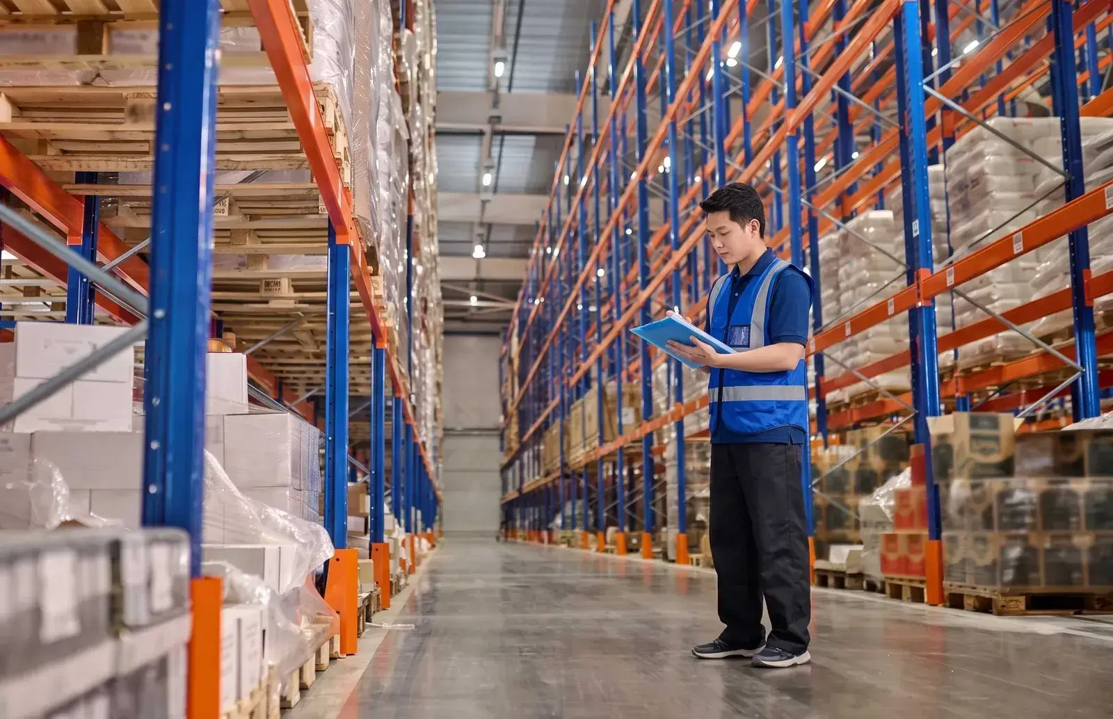 Warehouse staff recording a cycle count between two rows of pallet racking