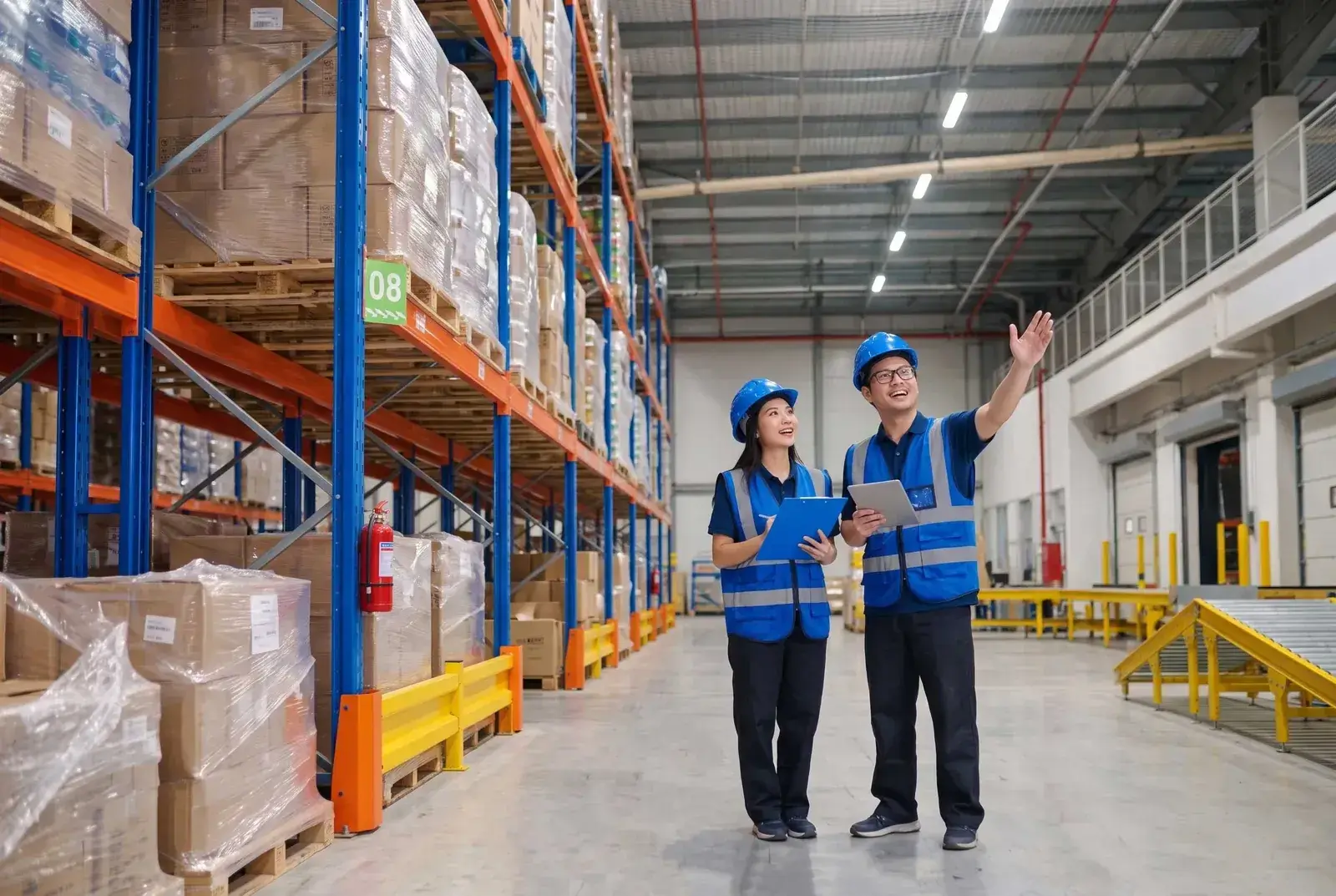 Warehouse staff checking high-bay racking on a tablet connected to the WMS
