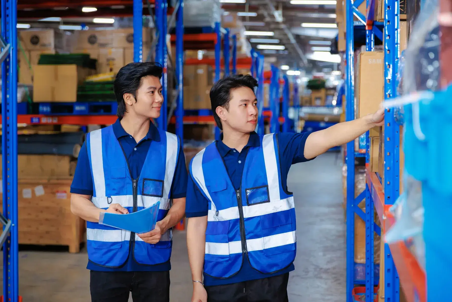 Hai nhân viên kiểm tra hàng hóa trên kệ trong kho