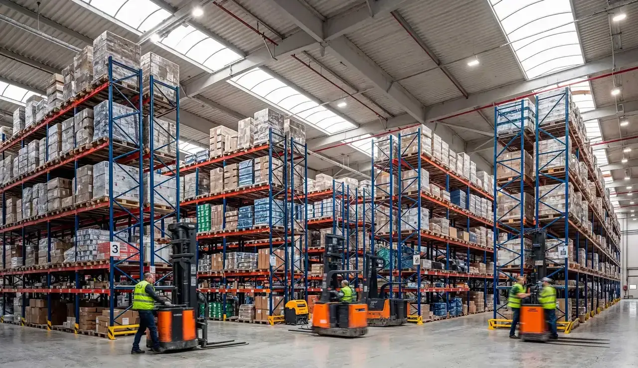 Staff operating forklifts while the warehouse keeps running as normal