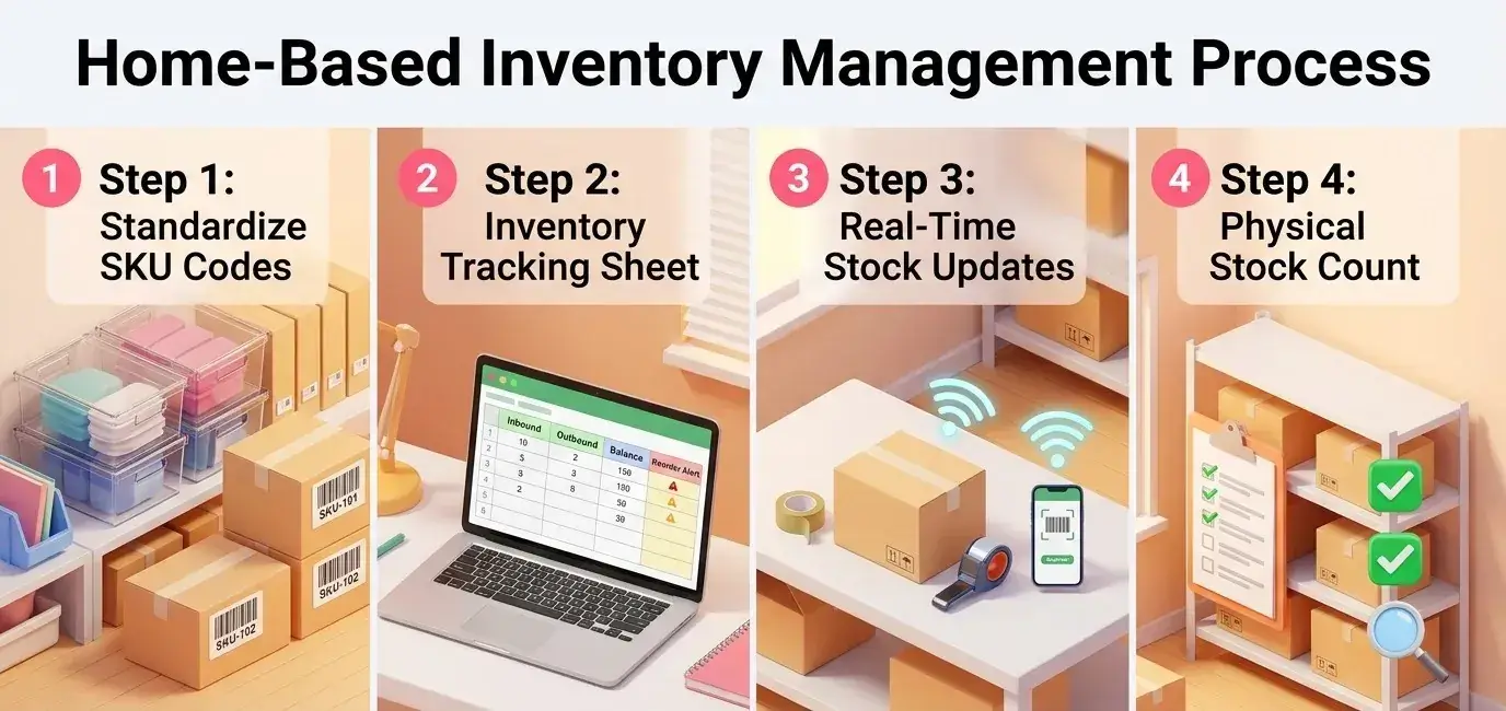 Four-step home inventory management process: standardise SKU codes, build a tracking sheet, update stock in real time, and run a physical count