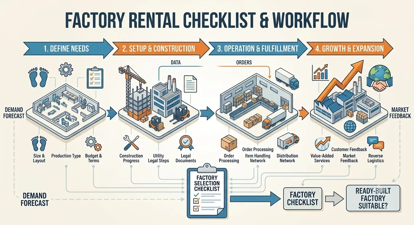 Sơ đồ checklist quy trình thuê nhà xưởng từ xác định nhu cầu đến vận hành và mở rộng