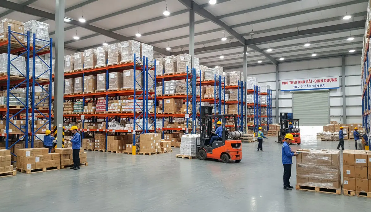 Hàng hóa trên kệ pallet, nhân viên kiểm hàng và xe nâng trong kho – minh họa cách tính CBM để lập kế hoạch lưu trữ, vận chuyển logistics